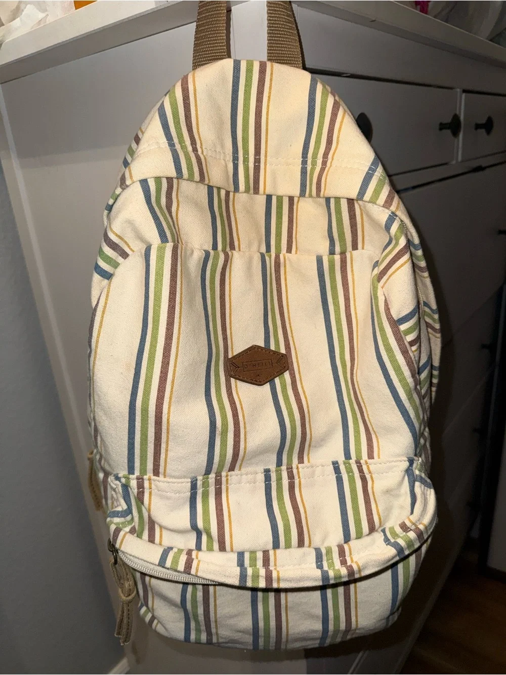 O’Neil Striped Cream Backpack with Green & Blue Accents